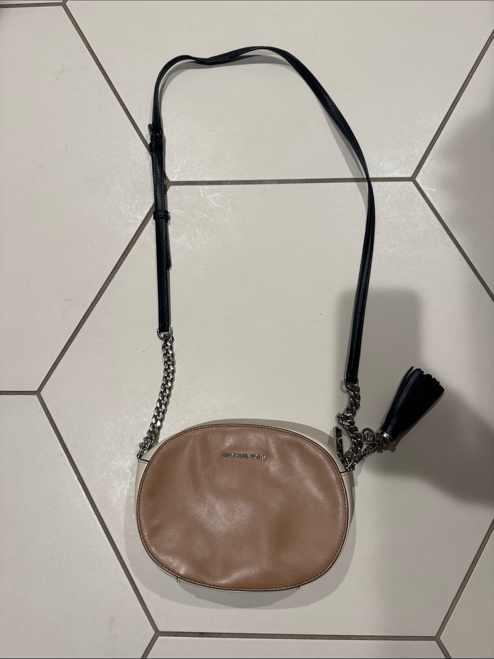 Michael Kors Women's Tan Leather Crossbody Bag with Black Strap